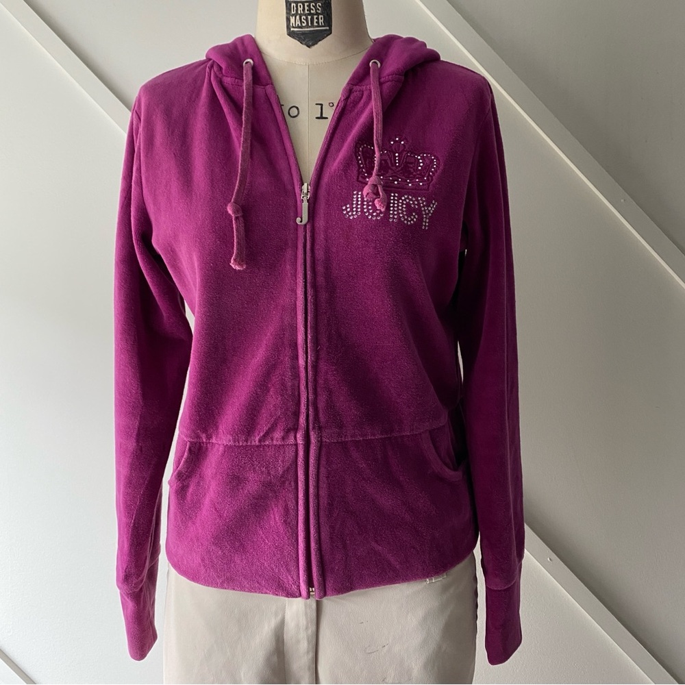 Juicy Couture Velour Zip Hoodie Pink Rhinestone Crown Logo L Y2K Paris Hilton